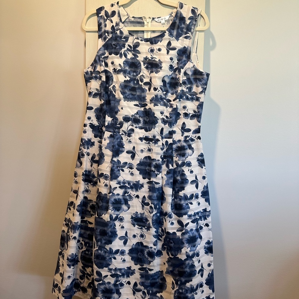 Cleo - Floral Blue and Cream Sleeveless Dress